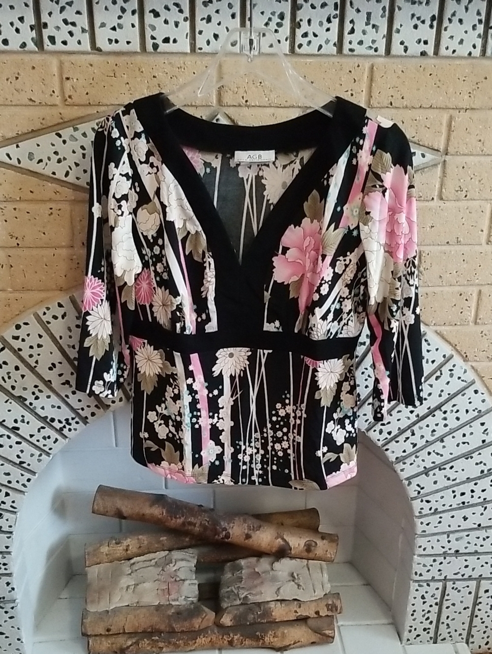 AGB Black Floral V-Neck Top with Pink & Cream Flowers